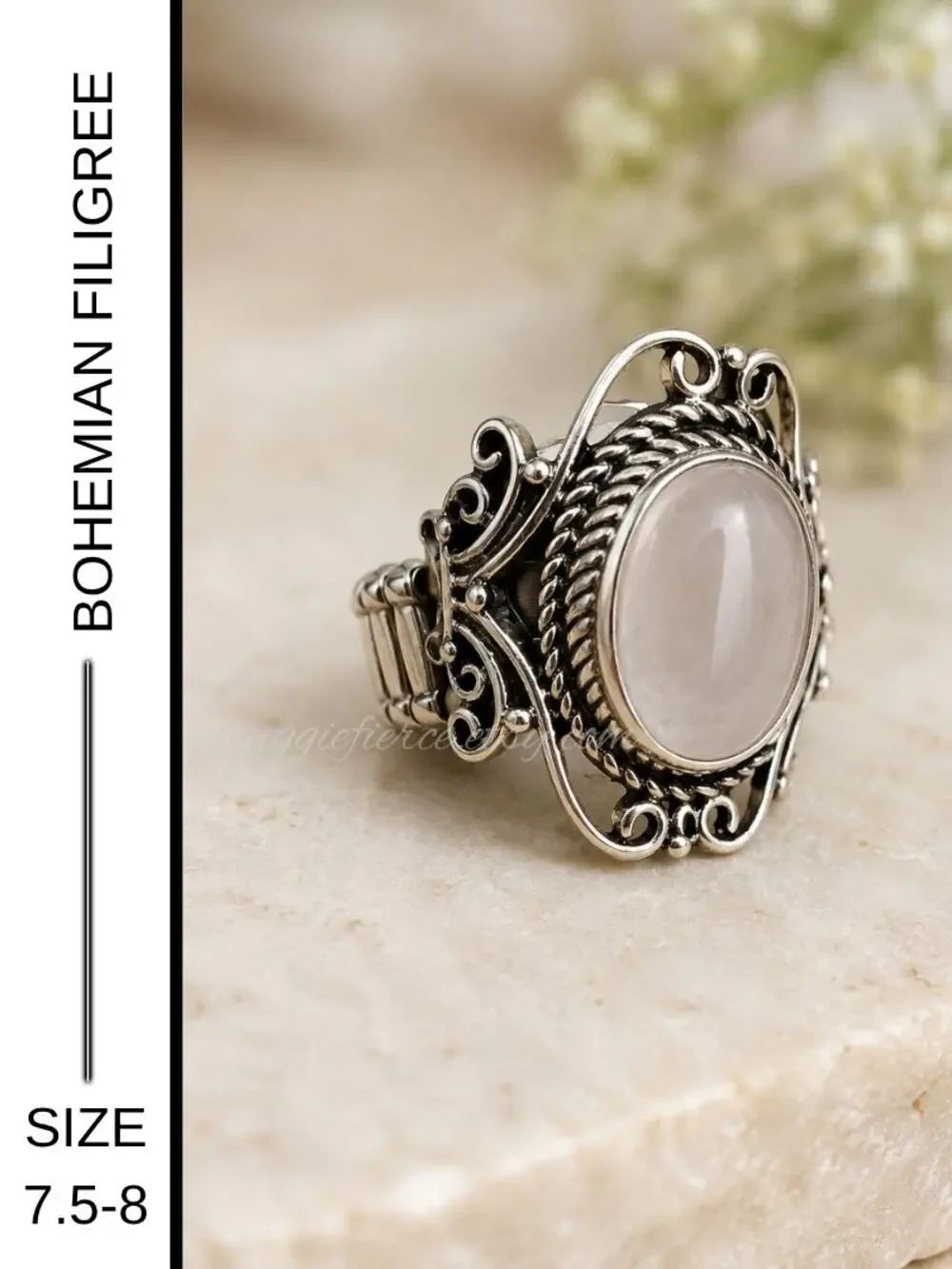 ✨ Bohemian Filigree Stretch Statement Ring | Milky White Cabochon | Size 7.5-8 ✨